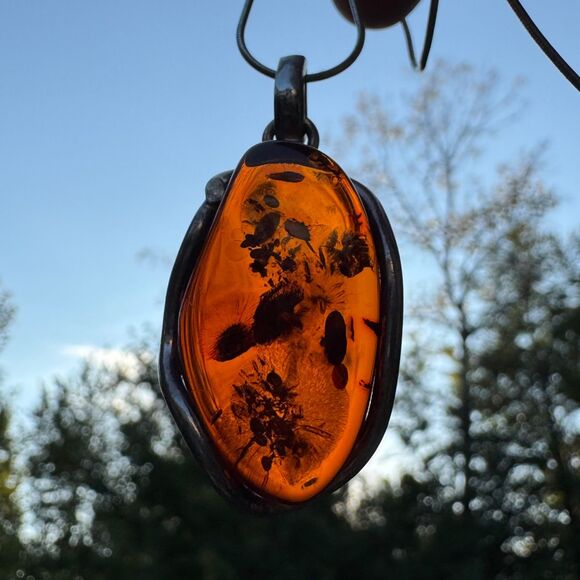 Vintage Genuine Cognac Baltic Amber Pendant, Sterling Silver Frame 18in Necklace - Picture 12 of 14